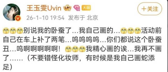 王玉雯承认卧蚕是自己补画的 回应妆容突兀争议