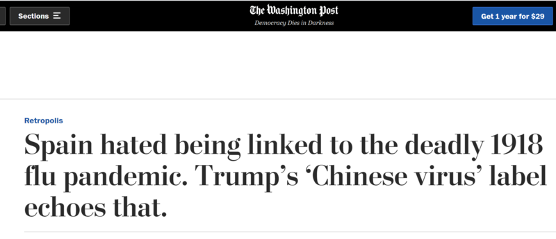 美媒：特朗普重蹈西班牙流感覆辙 污蔑了所有的中国人