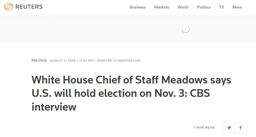 外媒：白宫幕僚长称美国将于11月3日举行大选