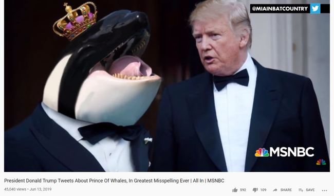 （图为当时美国CNBC报道的网民调侃特朗普把威尔士王子拼成鲸鱼王子的事情）