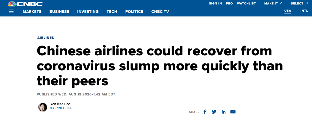 CNBC：与同行相比，中国航司可能更快地从新冠疫情带来的不景气中恢复过来