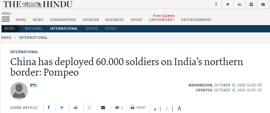 蓬佩奥给印度抛重磅炸弹：中国在中印边境屯兵6万