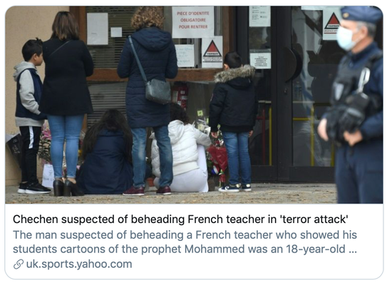  车臣裔嫌疑人“斩首”法国教师。/法新社报道截图