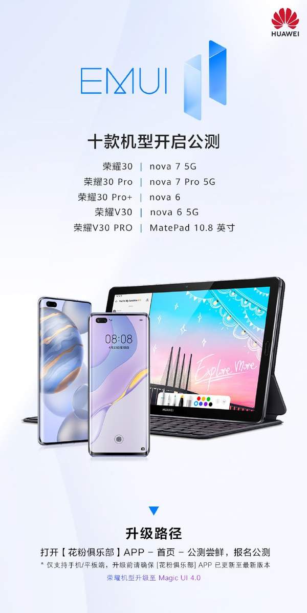 EMUI11公测名单更新:新增华为nova7荣耀30系列等十款机型