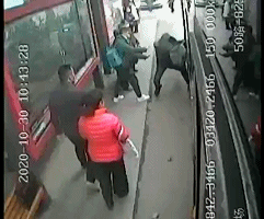 【哭笑不得】小偷行窃逃跑时头被公交车门卡住上热搜