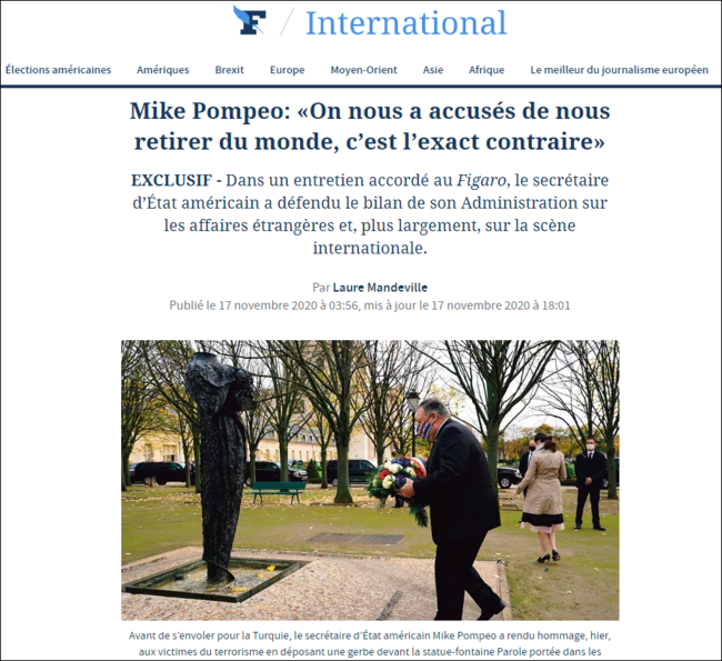 蓬佩奥到访法国后接受《费加罗报》专访