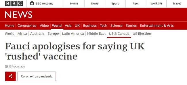 质疑英国批准疫苗太过仓促惹非议，福奇忙上BBC致歉