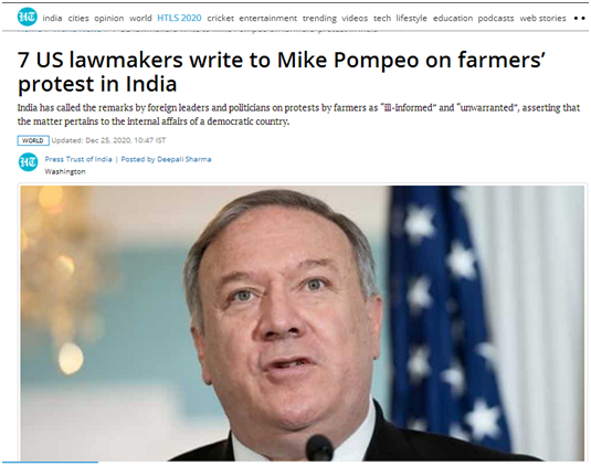 印媒：7名美议员致信蓬佩奥，让“管管”印度农民抗议