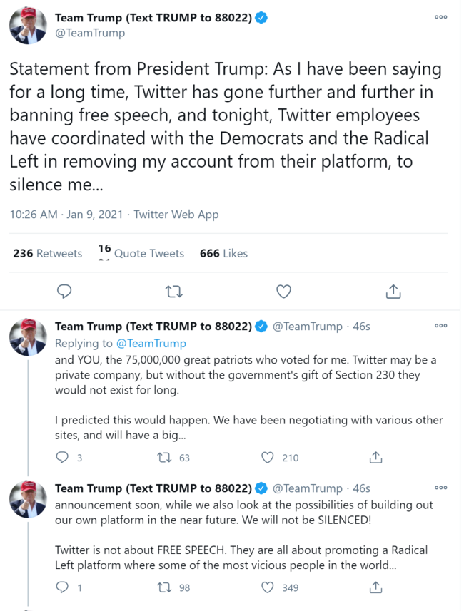 推特账号被永久封禁，特朗普回应了：将建立自己的平台！