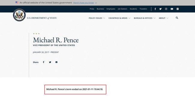 特朗普和彭斯两人在国务院网站上的简介页面