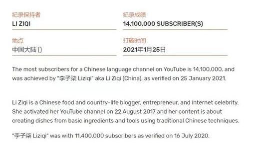 李子柒刷新吉尼斯世界纪录 成为“最多订阅量的YouTube中文频道”的纪录保持者