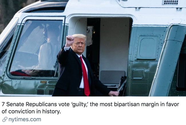 ▲7名共和党参议员投票认定特朗普“有罪”，这是历史上得到两党参议员支持最多的一次。/ 《纽约时报》报道截图