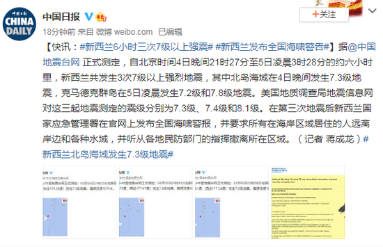 6小时三次7级以上强震 新西兰发布全国海啸警告