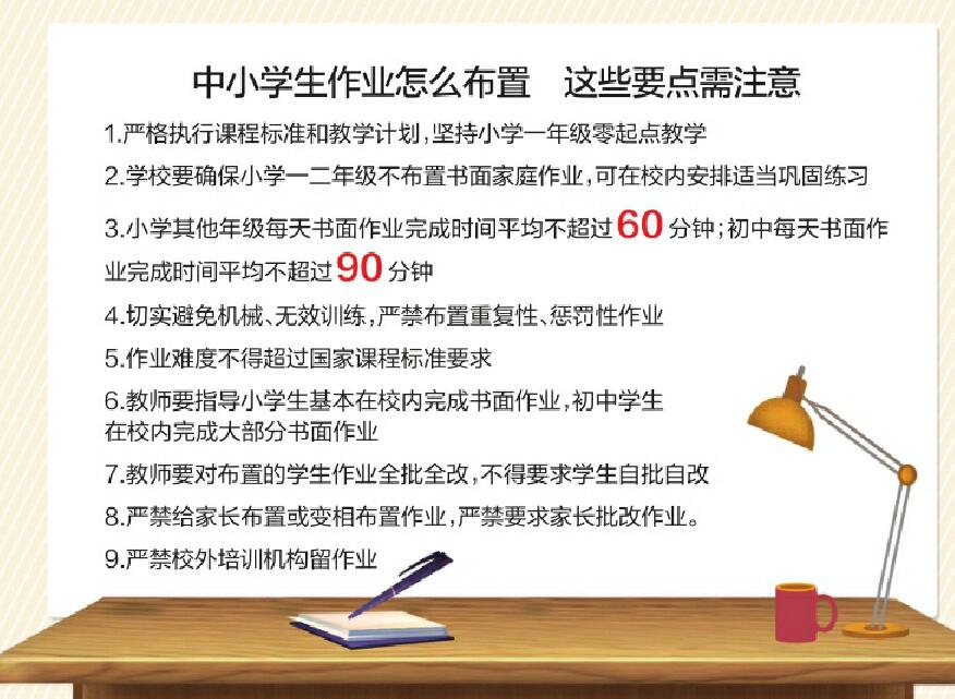 教育部发布作业管理十条要求，初中作业量不得超过90分钟 严禁给家长变相布置或要求批改作业