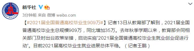 2021全国高校毕业生909万 毕业生就业进展总体平稳