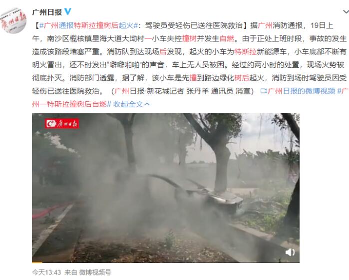 烧得只剩个壳儿了！广州一特斯拉撞树后自燃 现场视频曝光