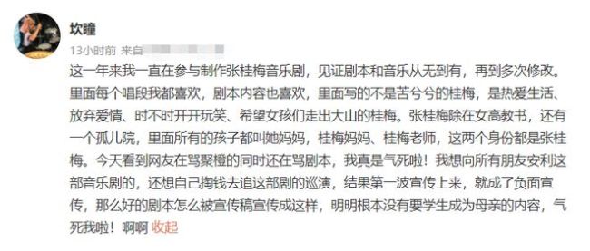 张桂梅音乐剧《绽放》宣传文案引争议 编剧发文回应