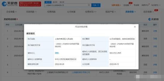 郑恺900万股权解除冻结 解除日期为6月28日