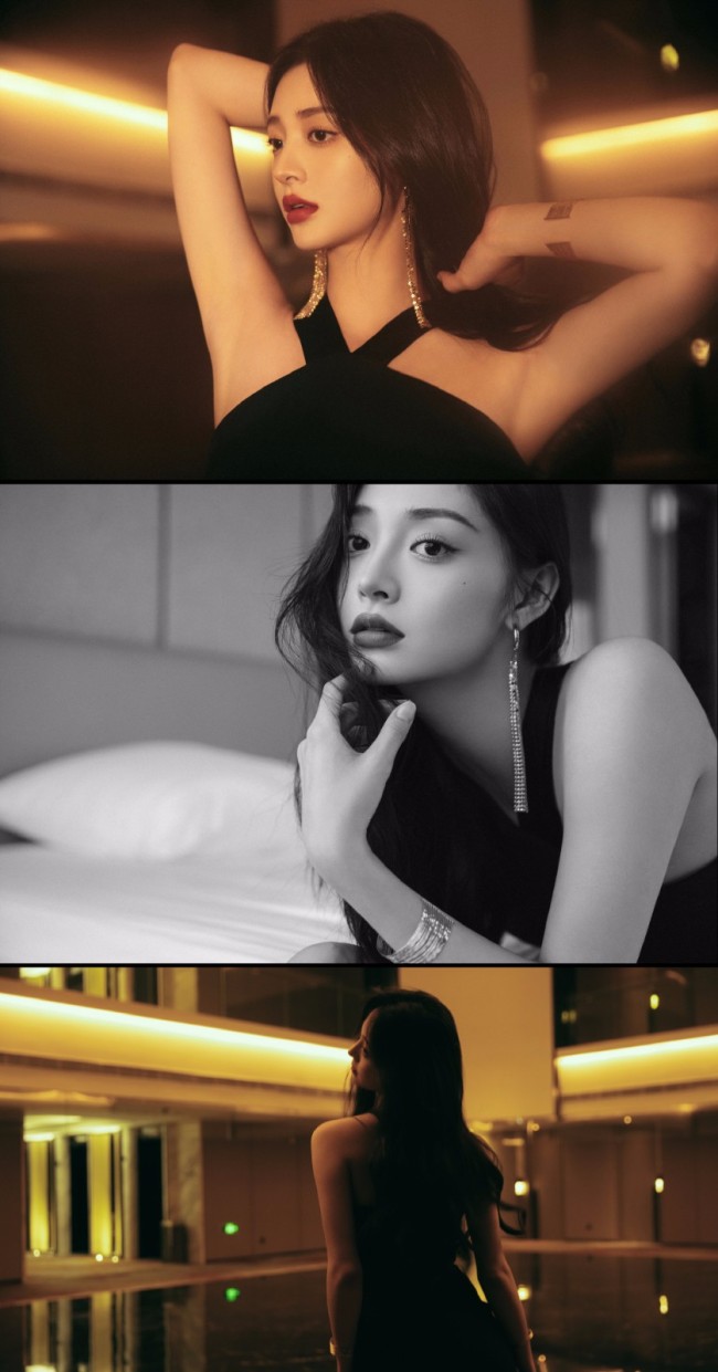 周洁琼穿黑色挂脖裙好惊艳 涂红唇欧美感强