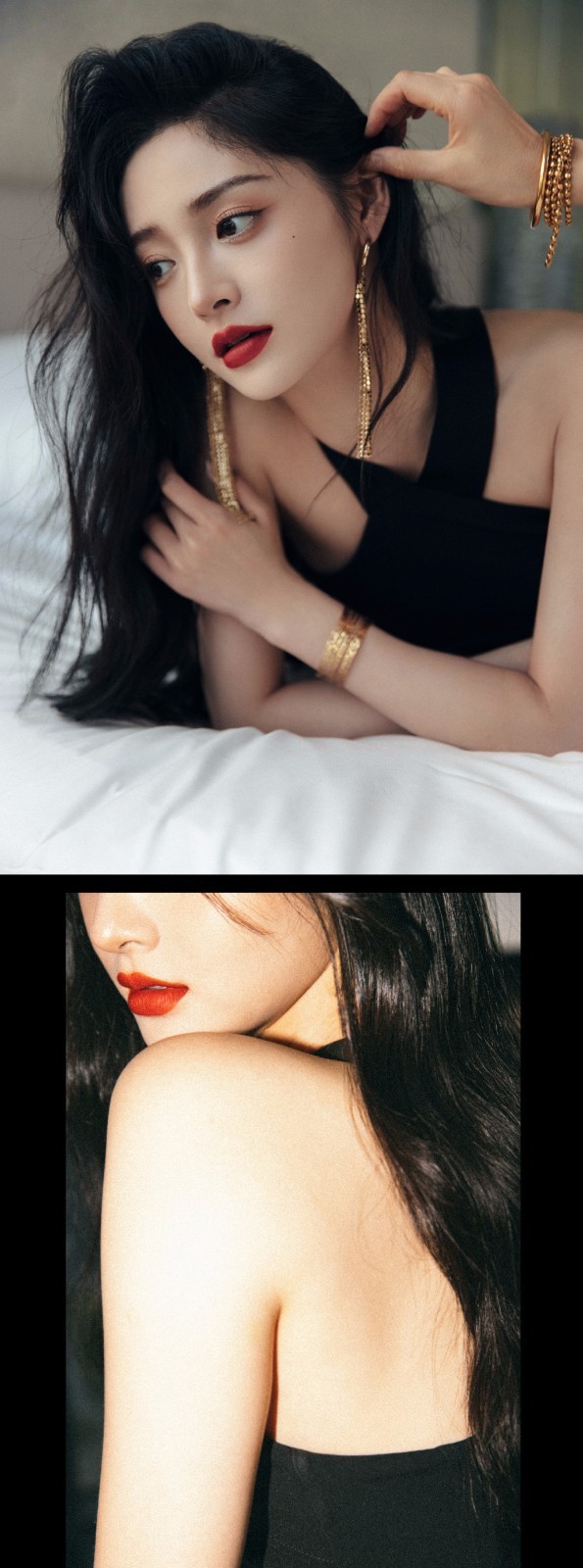 周洁琼穿黑色挂脖裙好惊艳 涂红唇欧美感强