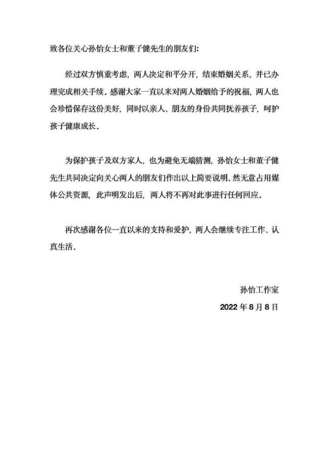 董子健孙怡离婚 孙怡曾称：嫁董子健只为感情