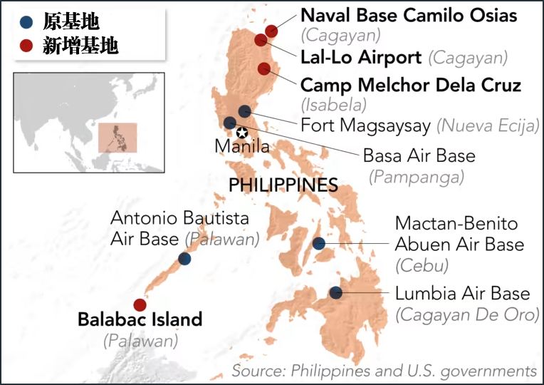 菲律宾原美军基地与新设美军基地对比图（图源：《日经亚洲》）