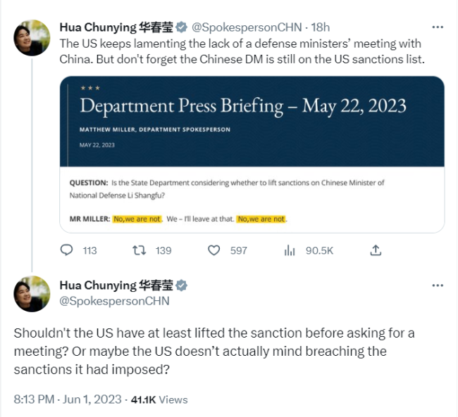华春莹6月1日在推特上所发帖子的截图