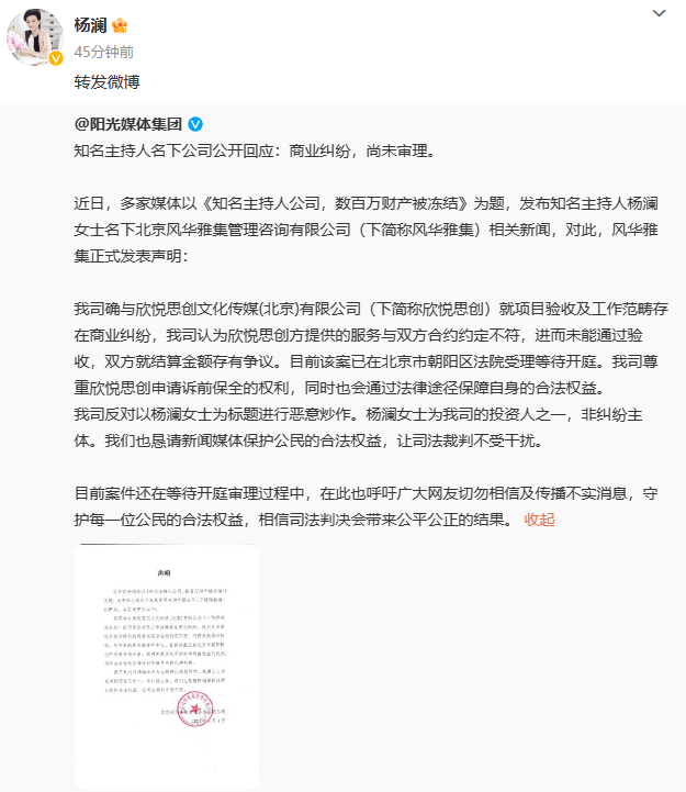 杨澜投资公司回应被冻结数百万财产 反对恶意炒作