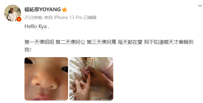 杨祐宁二胎女儿出生 晒一家三口牵手合照温馨可爱