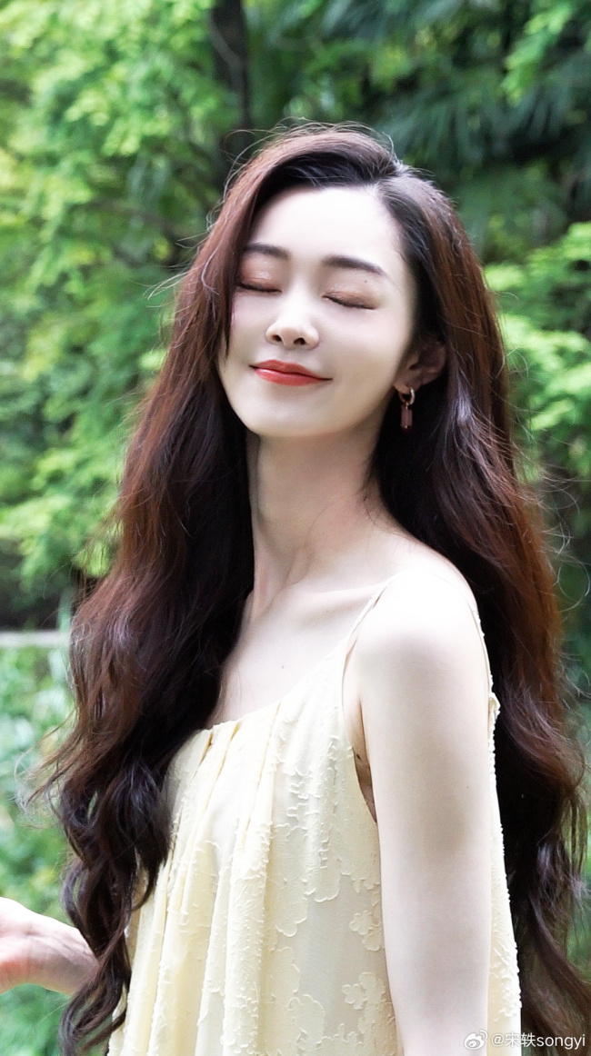 宋轶身穿淡黄色长裙 长发飘飘魅力十足