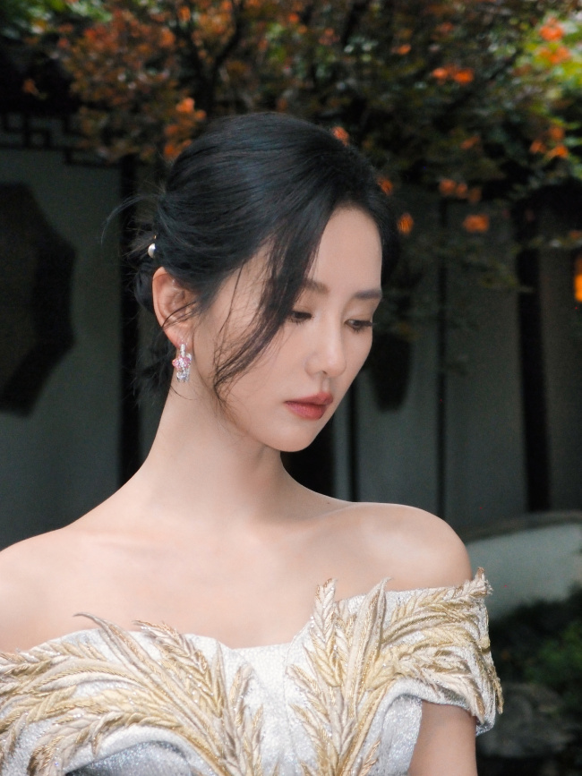 刘诗诗穿鎏金刺绣长裙 盘发而立书香气十足
