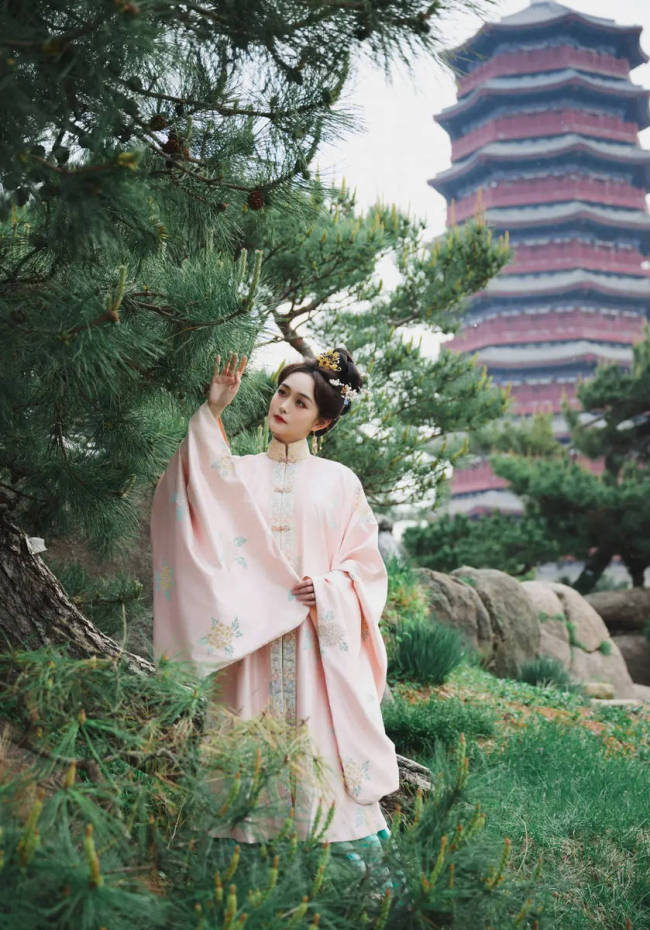 何泓姗穿粉色古风长裙温柔优雅 盘发簪花甜美明媚