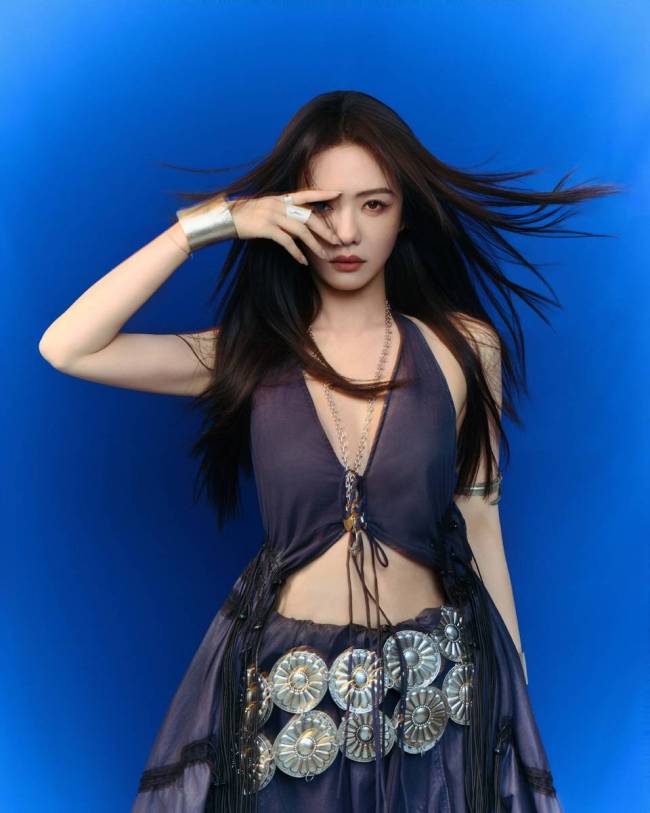 蔡文静穿露脐长裙秀优美腰身 黑长直造型冷艳酷飒